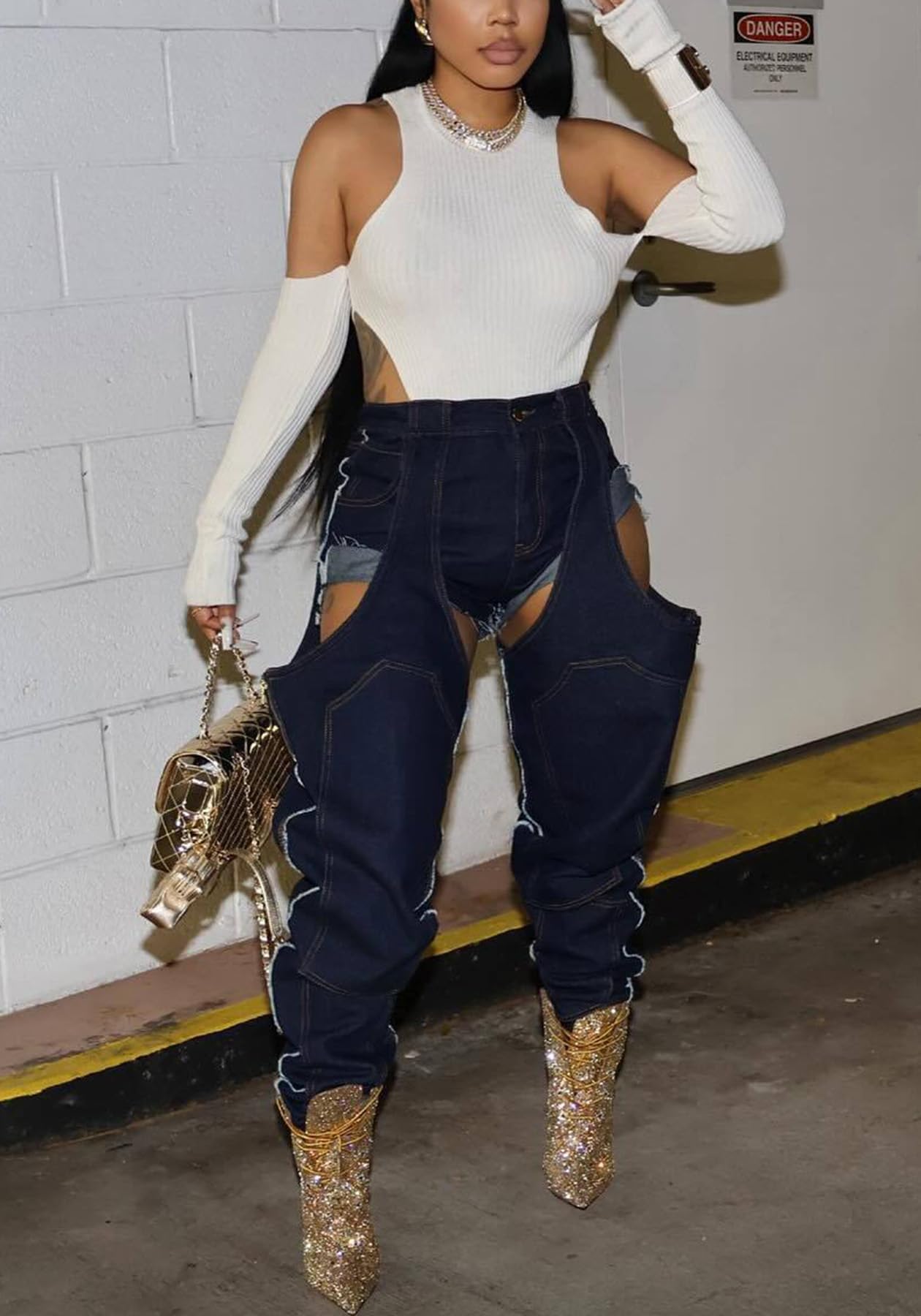 YOOTIKO Women Baggy Jeans Y2k High Waisted Wide Leg Boyfriend Patchwork Ripped Jeans Streetwear Dark Blue