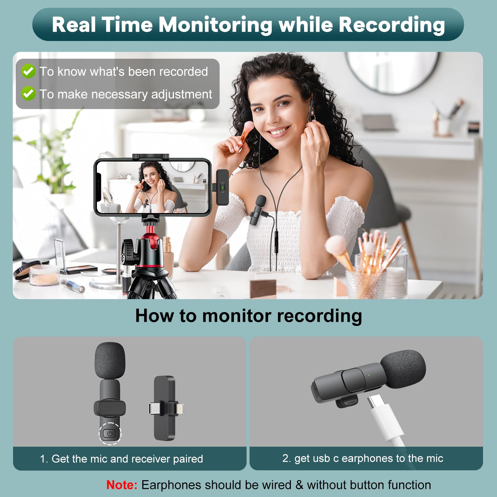 MAYBESTA 2 in 1 Wireless Mini Microphone for iPhone, iPad, Android Phone - Bluetooth Lavalier Lapel Mic for Video Recording - Clip on USB C Microphones for YouTube Tiktok Podcast Vlogging