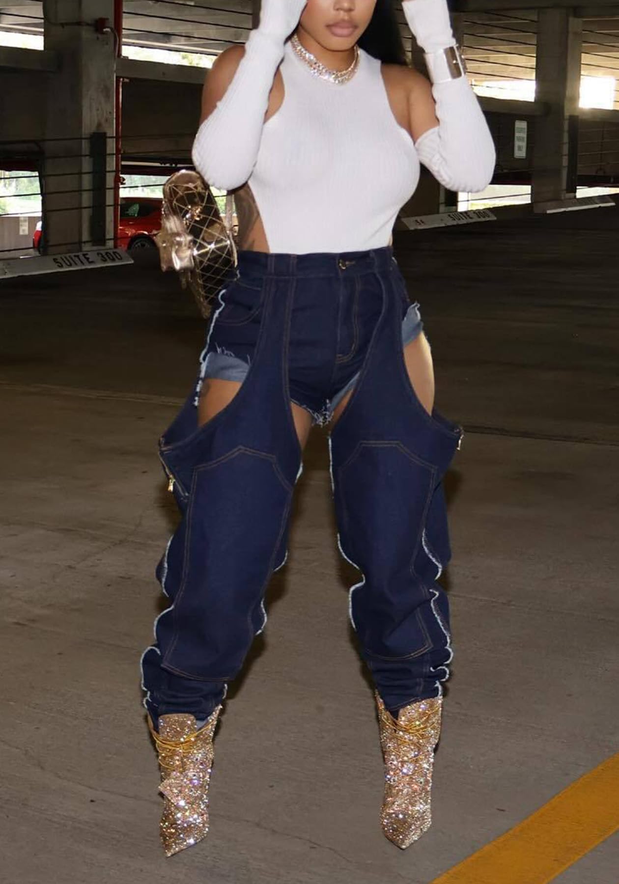 YOOTIKO Women Baggy Jeans Y2k High Waisted Wide Leg Boyfriend Patchwork Ripped Jeans Streetwear Dark Blue