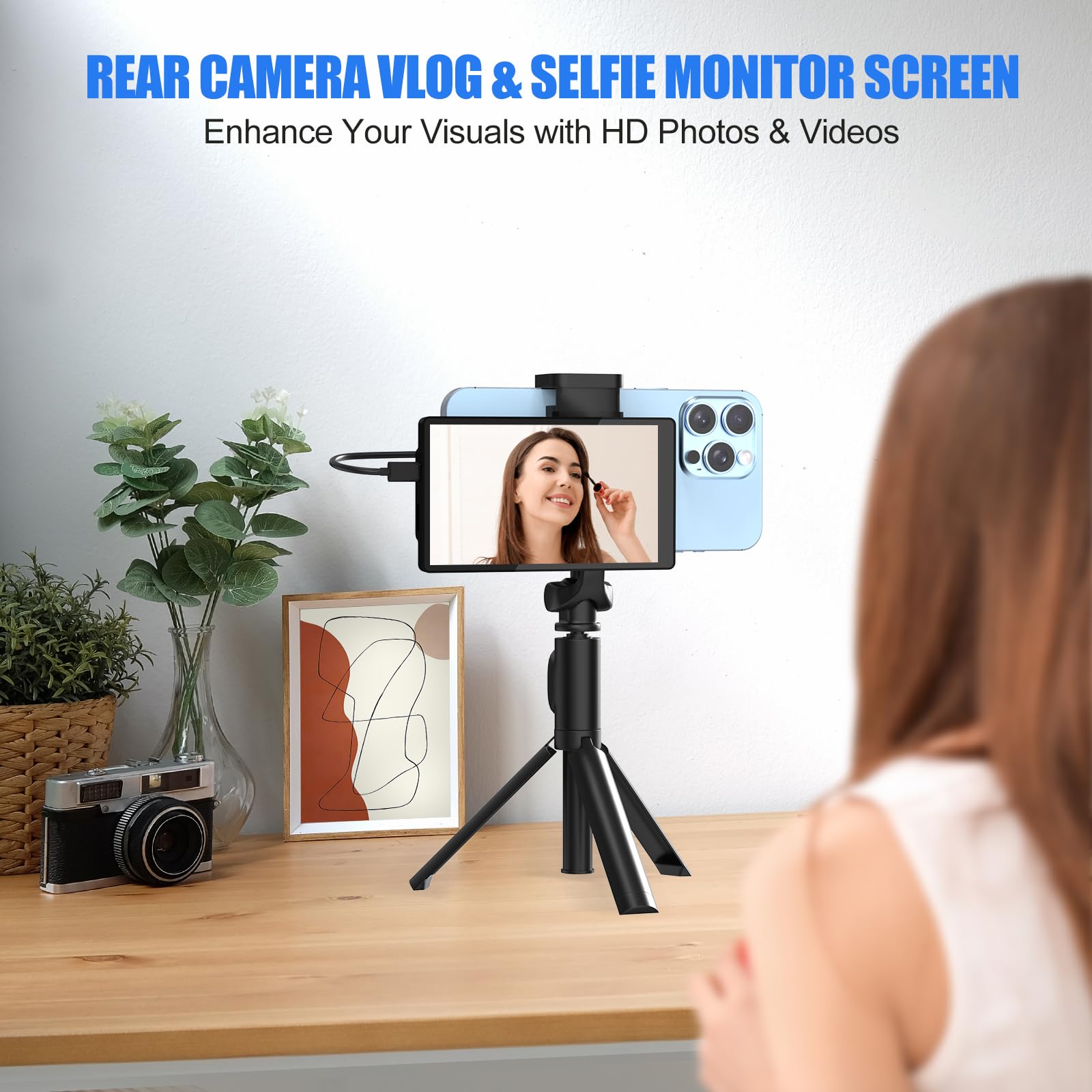 VITANO 5" Vlog Selfie Monitor Screen for iPhone with Magnetic Clip, Back Camera Mirroring with Low Latency, Bluetooth Remote, Wireless & Wired Dual Mode for TikTok Live Streaming (Black)