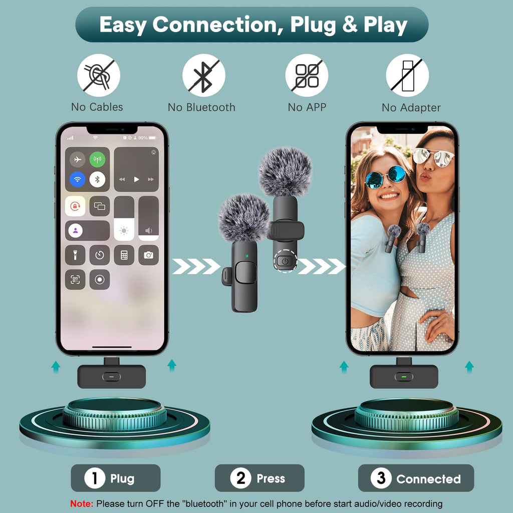 MAYBESTA 2 in 1 Wireless Mini Microphone for iPhone, iPad, Android Phone - Bluetooth Lavalier Lapel Mic for Video Recording - Clip on USB C Microphones for YouTube Tiktok Podcast Vlogging