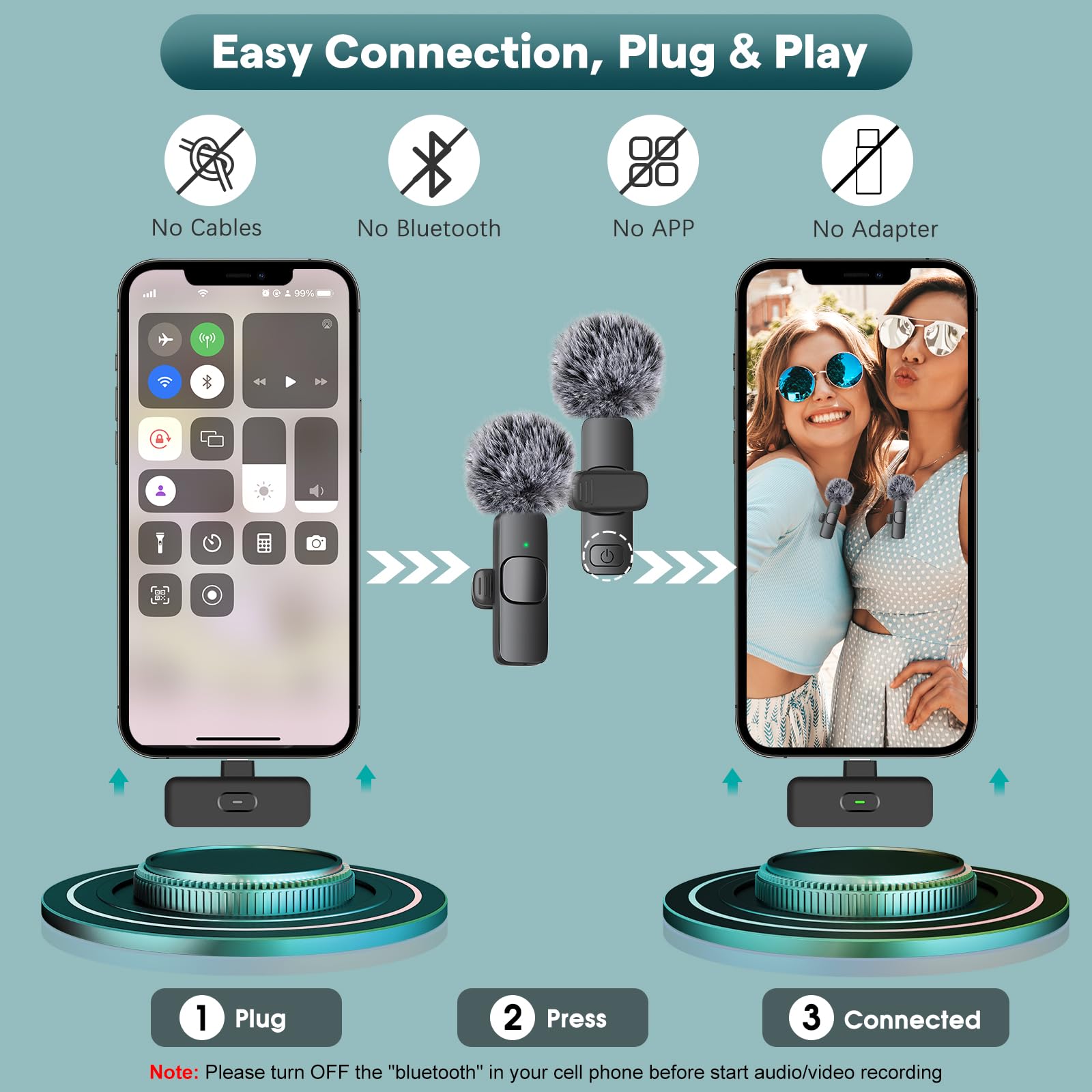 MAYBESTA 2 in 1 Wireless Mini Microphone for iPhone, iPad, Android Phone - Bluetooth Lavalier Lapel Mic for Video Recording - Clip on USB C Microphones for YouTube Tiktok Podcast Vlogging