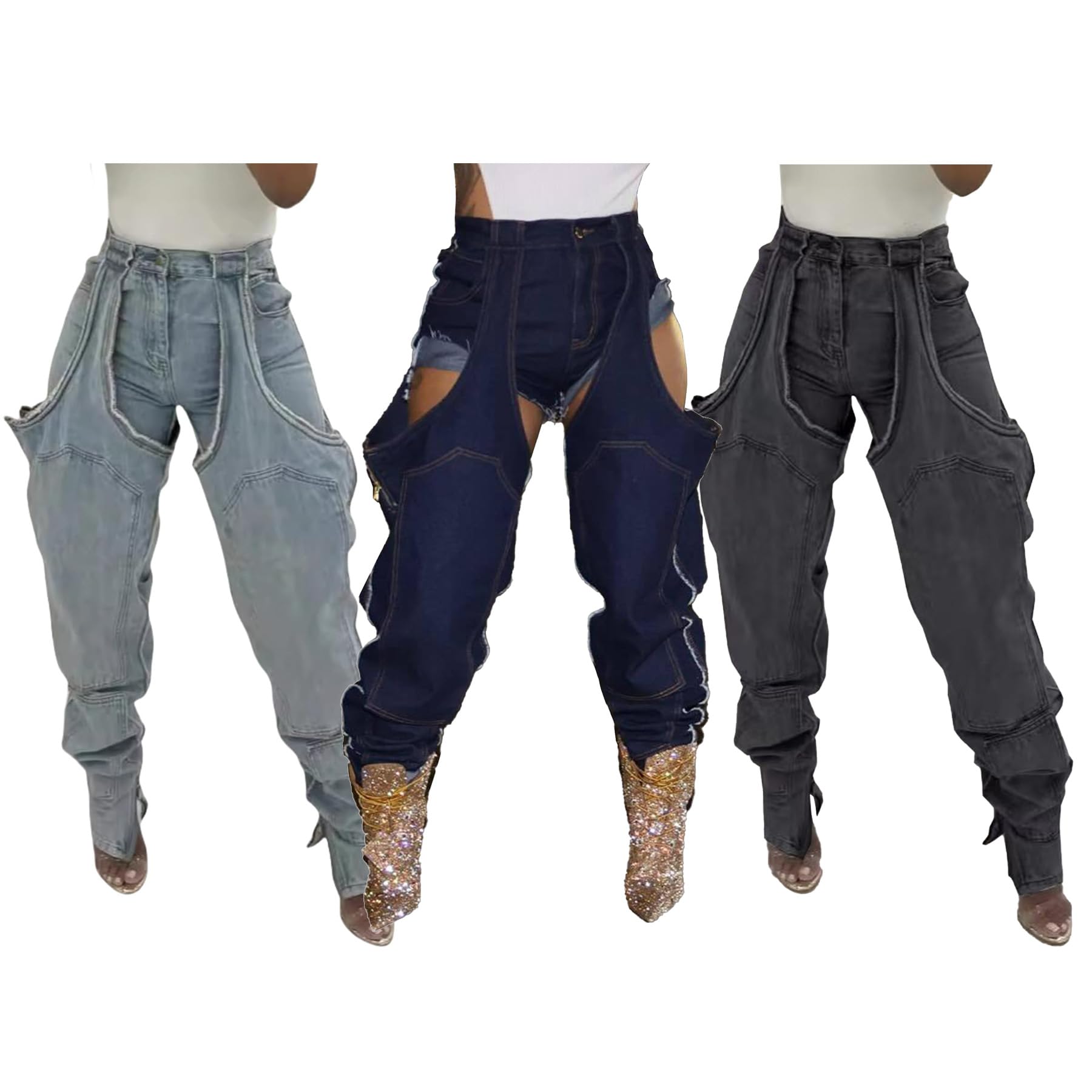 YOOTIKO Women Baggy Jeans Y2k High Waisted Wide Leg Boyfriend Patchwork Ripped Jeans Streetwear Dark Blue