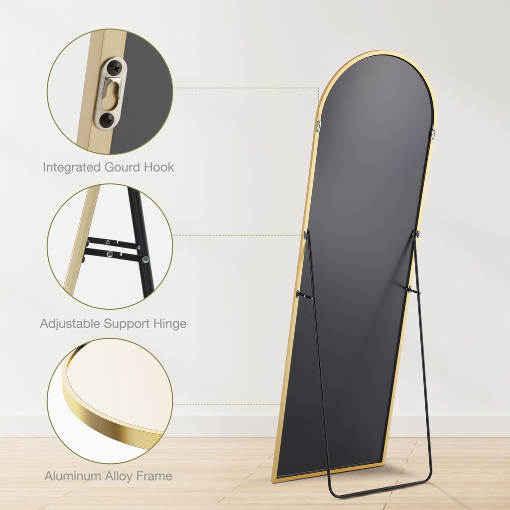 Sweetcrispy 64"x21" Arched Full Length Mirror, Standing or Leaning Full Body Mirror with Aluminum Alloy Thin Frame, Suitable for Bedroom or Cloakroom,Gold