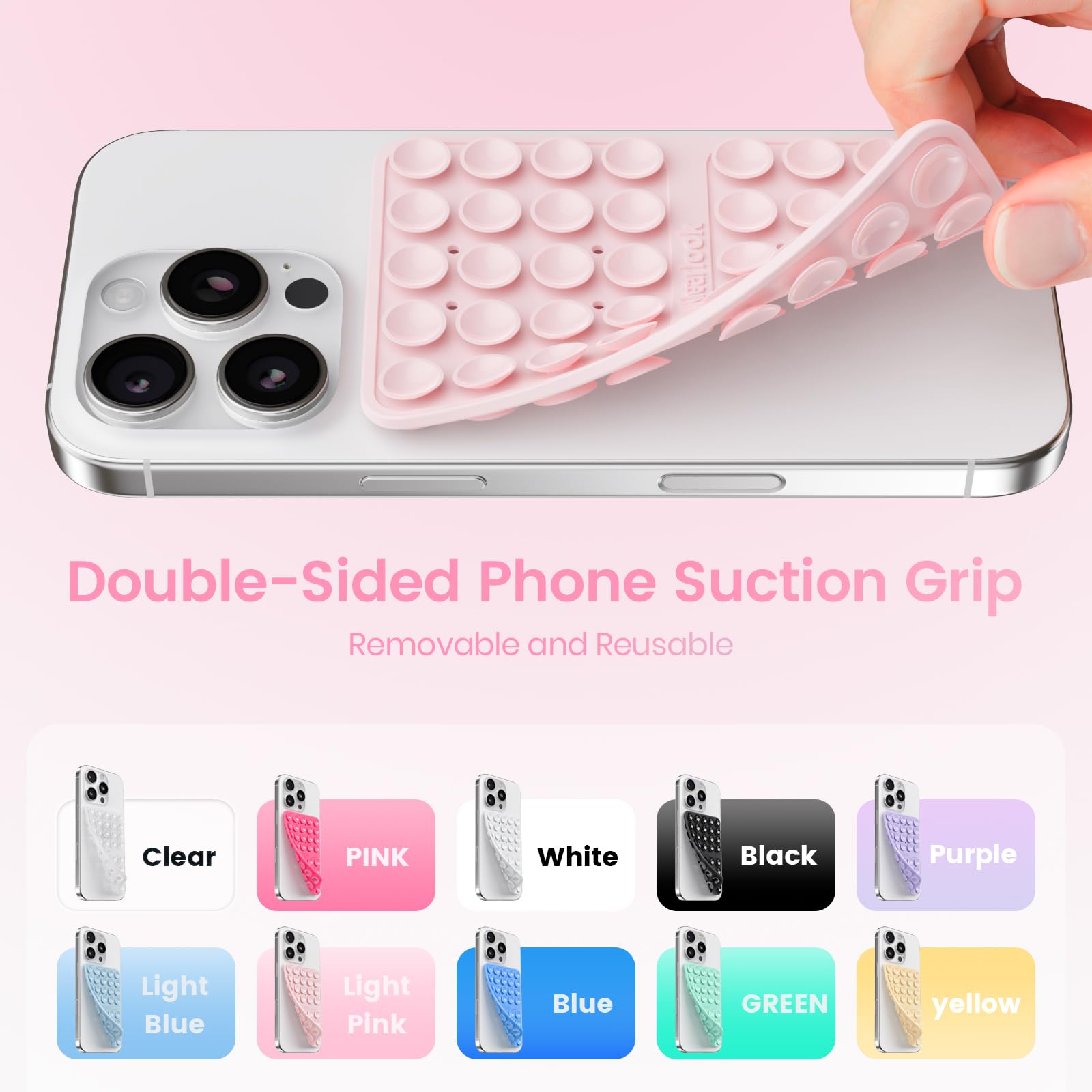 Klearlook Silicone Double-Sided Suction Cup Phone Case Detachable Mount, Sticky Phone Grip with Higher Suction Power for iPhone, Hands-Free Phone Accessories Holder for Selfies and Videos, Light Pink