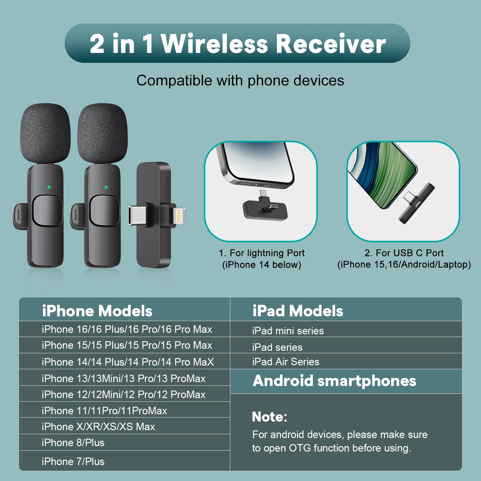 MAYBESTA 2 in 1 Wireless Mini Microphone for iPhone, iPad, Android Phone - Bluetooth Lavalier Lapel Mic for Video Recording - Clip on USB C Microphones for YouTube Tiktok Podcast Vlogging