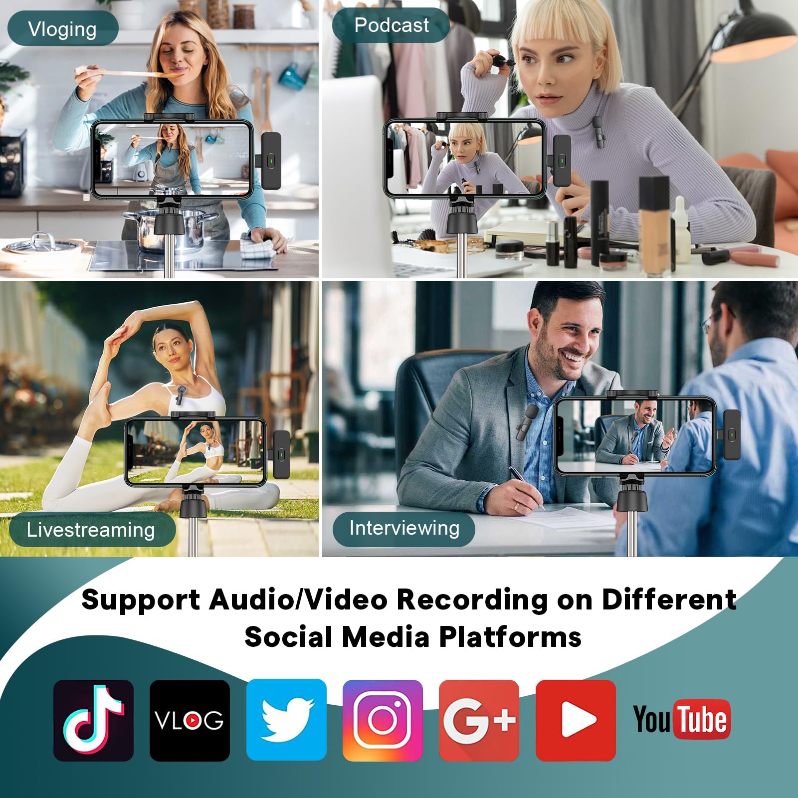 MAYBESTA 2 in 1 Wireless Mini Microphone for iPhone, iPad, Android Phone - Bluetooth Lavalier Lapel Mic for Video Recording - Clip on USB C Microphones for YouTube Tiktok Podcast Vlogging